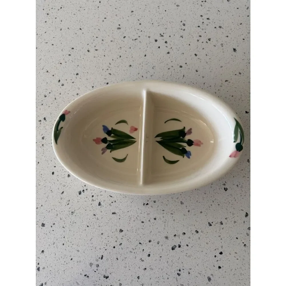 CLAY DESIGN VINTAGE 90s  Pottery Divided Serving Dish Hand Painted Irises USA